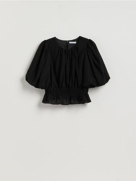 Bluzka z bufkami - czarny. Czarne bluzki Reserved, l, bez wzorów, z tkaniny, bez kołnierzyka, bez ramiączek. Za 129.99 zł.