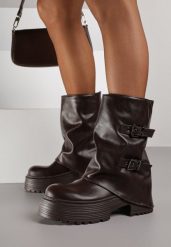 Ciemnobrązowe Botki Biker VICES z Cholewką Imitującą Nogawkę z Klamrami Reiladia. Brązowe botki Born2be, bez wzorów, z jeansu, bez obcasa, na płaskiej podeszwie, bez zapięcia. Za 109.99 zł.