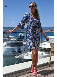 Bleu d'Azur Sukienka "Zita" w kolorze niebiesko-białym rozmiar: 48. Białe sukienki Bleu d'Azur, na co dzień, w ażurowe wzory, klasyczne, bez kołnierzyka, bez ramiączek, midi, proste. Za 145.26 zł.
