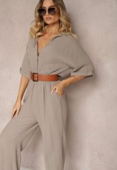 Ciemnobeżowy Taliowany Kombinezon z Bawełny Góra w Formie Koszuli oraz Luźne Spodnie Namsorin. Brązowe sukienki Renee, bez wzorów, z bawełny, bez kołnierzyka, bez ramiączek, mini, koszulowe. Za 169.99 zł.