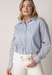 Niebieska Bawełniana Koszula Oversize w Pionowe Paski z Gumką Kycer. Niebieskie koszule Born2be, l, bez wzorów, z bawełny, eleganckie, bez kołnierzyka, bez ramiączek. Za 139.99 zł.