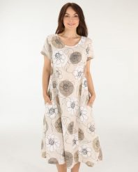 Beżowa sukienka z lnem. Brązowe sukienki Unisono, l, bez wzorów, prążkowane, bez kołnierzyka, bez ramiączek, midi. Za 269.00 zł.