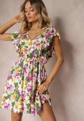 Zielono-Różowa Taliowana Bawełniana Sukienka w Kwiaty z Falbanami przy Ramionach z Gumką w Talii Nelova. Zielone sukienki Renee, na imprezę, l, bez wzorów, z bawełny, eleganckie, bez kołnierzyka, bez ramiączek, mini. W wyprzedaży za 39.99 zł.
