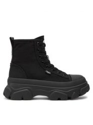 Buffalo Botki Tremor Lace Up Hi 1622455 Czarny. Czarne botki Buffalo, bez wzorów, z materiału, bez obcasa, na płaskiej podeszwie, bez zapięcia. Za 289.99 zł.