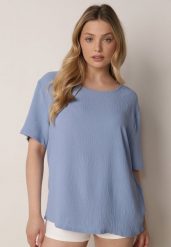 Niebieski Minimalistyczny T-shirt z Teksturowanej Tkaniny z Bawełną Shinost. Niebieskie t-shirty Born2be, plus size, bez wzorów, z bawełny, biznesowe, bez kołnierzyka, bez ramiączek. Za 59.99 zł.