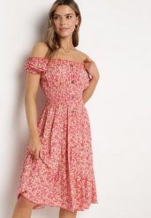 Fuksjowa Sukienka Hiszpanka z Elastyczną Gumką w Talii z Bawełny Oaias. Czerwone sukienki Born2be, na co dzień, m, bez wzorów, z bawełny, eleganckie, bez kołnierzyka, bez ramiączek, midi, proste. W wyprzedaży za 38.24 zł.