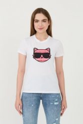 KARL LAGERFELD Biały t-shirt Boucle Choupette. Białe t-shirty KARL LAGERFELD, xs, bez wzorów, bez kołnierzyka, bez ramiączek. W wyprzedaży za 299.99 zł.