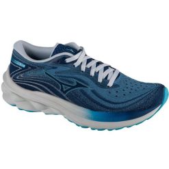 Buty do biegania damskie, Wave Skyrise 5. Niebieskie buty do biegania Mizuno, bez wzorów, bez zapięcia, do biegania, mizuno wave. Za 549.99 zł.