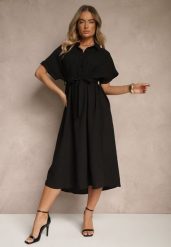 Czarna Wiskozowa Sukienka Koszulowa z Wiązanym Paskiem w Talii Vanisti. Czarne sukienki Renee, na co dzień, l, bez wzorów, z wiskozy, eleganckie, bez kołnierzyka, bez ramiączek, midi, dopasowane. W wyprzedaży za 69.99 zł.