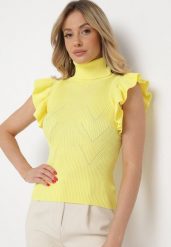Żółty Prążkowany Golf z Krótkim Rękawem i Falbankami Padivessa. Żółte swetry Born2be, s, bez wzorów, z materiału, eleganckie, bez ramiączek. W wyprzedaży za 29.74 zł.