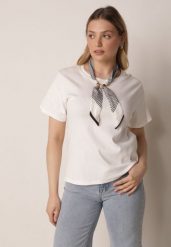 Biały T-shirt z Bawełny w Klasycznym Stylu z Apaszką Bluestel. Białe t-shirty Born2be, l, bez wzorów, z bawełny, biznesowe, bez kołnierzyka, bez ramiączek. Za 69.99 zł.