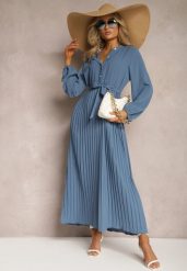 Niebieska Rozkloszowana Sukienka Maxi Plisowana Wiązana w Pasie Terilla. Niebieskie sukienki Renee, bez wzorów, z materiału, bez kołnierzyka, bez ramiączek, maxi, koszulowe. W wyprzedaży za 90.99 zł.