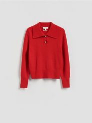 Wełniany sweter z kołnierzem - czerwony. Czerwone swetry Reserved, l, bez wzorów, z dzianiny, bez ramiączek. Za 279.99 zł.