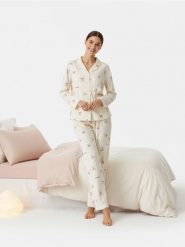 Piżama dwuczęściowa z motywem kokard - kremowy. Białe piżamy Sinsay, l, bez wzorów, bez kołnierzyka, bez ramiączek. Za 59.99 zł.