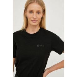 Jack Wolfskin t-shirt bawełniany kolor czarny. Czarne t-shirty Jack Wolfskin, l, z aplikacjami, z bawełny, bez kołnierzyka, bez ramiączek. Za 139.99 zł.