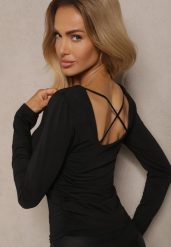 Czarna Bluzka z Wiskozą o Krótkim Kroju z Marszczeniem i Kwadratowym Dekoltem Cedissa. Czarne bluzki Renee, l, bez wzorów, z jeansu, eleganckie, bez kołnierzyka, bez ramiączek. W wyprzedaży za 63.99 zł.