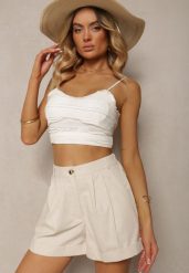 Jasnobeżowe Szorty Typu Bermudy z Bawełną i Lnem High Waist Fiefia. Brązowe szorty Renee, bez wzorów, z bawełny, eleganckie. W wyprzedaży za 75.99 zł.