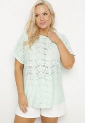 Jasnozielona Ażurowa Bluzka z Bawełną Clavienne. Zielone bluzki Born2be, plus size, w ażurowe wzory, z bawełny, eleganckie, bez kołnierzyka, plus size, bez ramiączek. W wyprzedaży za 38.24 zł.