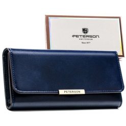 Duży portfel damski ze skóry ekologicznej w granatowym kolorze zamykany zatrzaskiem - Peterson. Portfele bez wzorów, ze skóry ekologicznej. Za 51.99 zł.