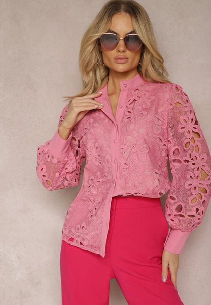 Ciemnoróżowa Ażurowa Koszula z Bufiastymi Rękawami w Kwiaty Rarona. Czerwone koszule Renee, l, w ażurowe wzory, bez kołnierzyka, bez ramiączek. Za 149.99 zł.