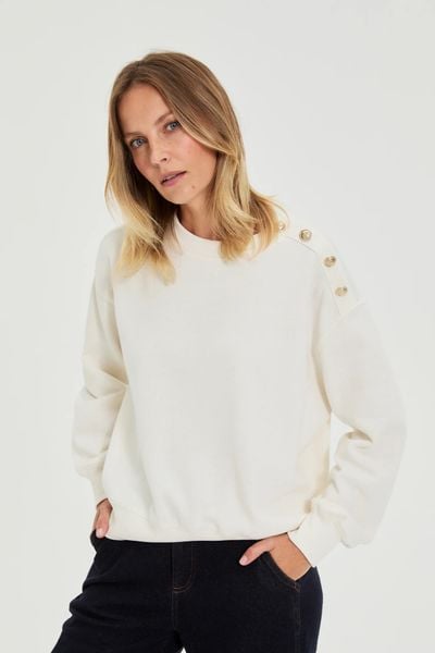 Bluza z ozdobnymi guzikami ecru. Bluzy MOODO, l, bez wzorów, z bawełny, bez kaptura. Za 119.99 zł.