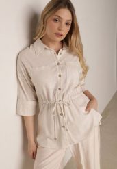 Biała Koszula z Bawełną i Lnem Ozdobiona Wycięciami i Ściągana w Pasie Harwinds. Białe koszule Born2be, m, z aplikacjami, z bawełny, biznesowe, bez kołnierzyka, bez ramiączek. Za 139.99 zł.