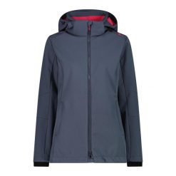 Kurtka turystyczna damska z kapturem i zamkiem CMP. Szare kurtki przejściowe sportowe CMP, bez wzorów, z softshellu, z kapturem, trekkingowe. Za 413.00 zł.
