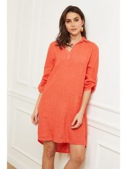 Fleur de Lin Lniana sukienka "Basta" w kolorze koralowym rozmiar: XXL. Czerwone sukienki Fleur de Lin, xxl, bez wzorów, ze lnu, bez kołnierzyka, bez ramiączek, mini. Za 187.45 zł.