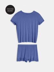 Wiskozowa piżama dwuczęściowa - granatowy. Niebieskie piżamy Sinsay, l, bez wzorów, z wiskozy, bez kołnierzyka, bez ramiączek. Za 39.99 zł.