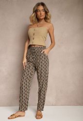 Zielone Spodnie z Bawełny o Prostym Kroju z Gumką w Pasie w Geometryczny Print Avelriz. Zielone jeansy Renee, na lato, l, bez wzorów, z bawełny, biznesowe. W wyprzedaży za 20.99 zł.