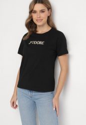 Czarny Bawełniany T-shirt Ozdobiony Napisem Nalaviraen. Czarne t-shirty Born2be, m, bez wzorów, z bawełny, eleganckie, bez kołnierzyka, bez ramiączek. Za 49.99 zł.