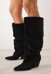 Czarne Kozaki Typu Kowbojki na Stożku z Marszczoną Cholewką Vecova. Czarne kozaki Renee, bez wzorów, ze skóry, boho, bez obcasa, na obcasie, bez zapięcia. Za 199.99 zł.