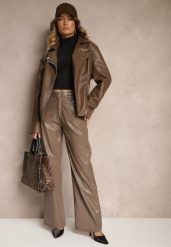 Jasnobrązowe Szerokie Spodnie High Waist z Imitacji Skóry Enawinn. Brązowe jeansy Renee, bez wzorów, z jeansu, eleganckie, z podwyższonym stanem. W wyprzedaży za 79.99 zł.
