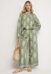Zielony Komplet w Stylu Boho Oversize Długa Koszula i Luźne Spodnie Meppina. Zielone koszule Born2be, m, bez wzorów, boho, bez kołnierzyka, bez ramiączek. Za 159.99 zł.