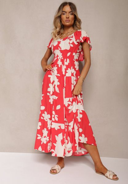 Czerwono-Biała Rozkloszowana Sukienka z Wiskozy z Gumką w Pasie Nansiane. Czerwone sukienki Renee, l, bez wzorów, z wiskozy, bez kołnierzyka, bez ramiączek, maxi, rozkloszowane. Za 79.99 zł.