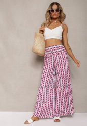 Fuksjowo-Białe Spodnie z Wiskozy High Waist Typu Palazzo z Gumką w Talii Tiimacella. Czerwone jeansy Renee, na lato, l, bez wzorów, z jeansu, z podwyższonym stanem. W wyprzedaży za 32.99 zł.