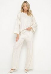 Beżowy Casualowy Komplet Bluzka z Długim Rękawem i Szerokie Spodnie Trulla. Brązowe bluzki Born2be, bez wzorów, z jeansu, eleganckie, bez kołnierzyka, bez ramiączek. Za 189.99 zł.