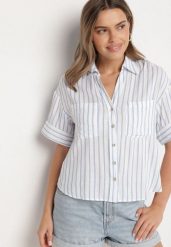 Niebieska Koszula z Lnu i Wiskozy o Kroju Oversize Restia. Niebieskie koszule Born2be, m, bez wzorów, z tkaniny, biznesowe, bez kołnierzyka, bez ramiączek. Za 99.99 zł.