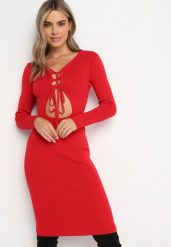 Czerwona Dzianinowa Sukienka Midi z Wycięciem i Wiązaniem Filila. Czerwone sukienki Born2be, na imprezę, bez wzorów, z dzianiny, bez kołnierzyka, bez ramiączek, midi, dopasowane. W wyprzedaży za 87.49 zł.