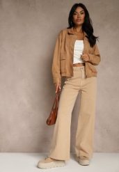 Beżowe Jeansy High Waist Wide Leg z Surowo Zakończonymi Nogawkami Rhelnell. Brązowe spodnie materiałowe Renee, bez wzorów, z jeansu, z podwyższonym stanem. Za 99.99 zł.
