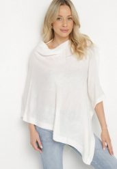 Biała Asymetryczna Bluzka w Stylu Narzutki Oversize Otisha. Białe bluzki Born2be, bez wzorów, z jeansu, eleganckie, z asymetrycznym kołnierzem, bez ramiączek. Za 39.99 zł.