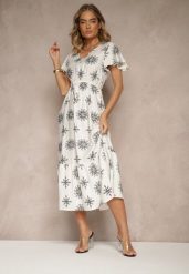 Biało-Czarna Sukienka z Wiskozy Ozdobiona Falbanką i Kwiatami Lumacelle. Białe sukienki Renee, na co dzień, l, bez wzorów, z wiskozy, eleganckie, bez kołnierzyka, bez ramiączek, midi, proste. W wyprzedaży za 67.99 zł.