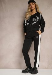 Czarny Komplet Dresowy Spodnie Ozdobione Napisami Bluza na Suwak z Kapturem Semiraella. Czarne bluzy Renee, l, bez wzorów, z dresówki, rockowe, bez ramiączek, z kapturem. W wyprzedaży za 119.99 zł.