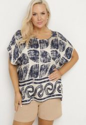 Granatowa Bluzka Nietoperz z Wiskozy w Abstrakcyjny Print Jenoloria. Niebieskie bluzki Born2be, xl, bez wzorów, z jeansu, eleganckie, bez kołnierzyka, bez ramiączek. Za 69.99 zł.