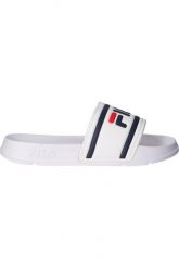 Klapki damskie Fila Morro Bay Slipper 20. Białe klapki Fila, bez wzorów, z materiału, eleganckie, bez obcasa, bez zapięcia. Za 143.50 zł.