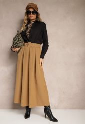 Jasnobrązowa Spódnica z Wiskozą o Rozkloszowanym Kroju z Paskiem i Gumką w Talii Prianna. Brązowe spódnice Renee, na co dzień, bez wzorów, z wiskozy, eleganckie, maxi, koszulowe. W wyprzedaży za 95.99 zł.