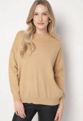 Beżowy Gładki Sweter z Rękawami Typu Nietoperz Ralanevia. Brązowe swetry Born2be, l, bez wzorów, biznesowe, bez ramiączek. Za 79.99 zł.