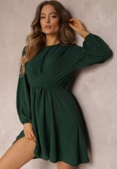 Ciemnozielona Sukienka Rozkloszowana z Gumką w Pasie Thelo. Zielone sukienki Renee, m, bez wzorów, z tkaniny, eleganckie, bez kołnierzyka, bez ramiączek, mini, kopertowe. W wyprzedaży za 62.99 zł.