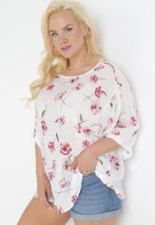 Biało-Czerwona Bluzka z Krótkim Rękawem w Kwiaty Neitta. Białe bluzki Born2be, bez wzorów, z tkaniny, bez kołnierzyka, bez ramiączek. Za 69.99 zł.