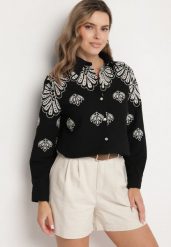 Czarna Bawełniana Koszula Zdobiona Ażurowym Haftem Nevriona. Czarne koszule Born2be, uniwersalny, z aplikacjami, z bawełny, eleganckie, bez kołnierzyka, bez ramiączek. Za 109.99 zł.